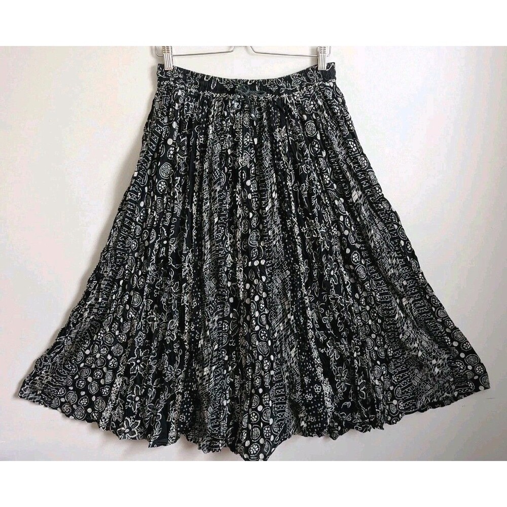 Vintage Crinkle Cotton Broomstick Skirt India Boho Black White Geo Floral Hippie